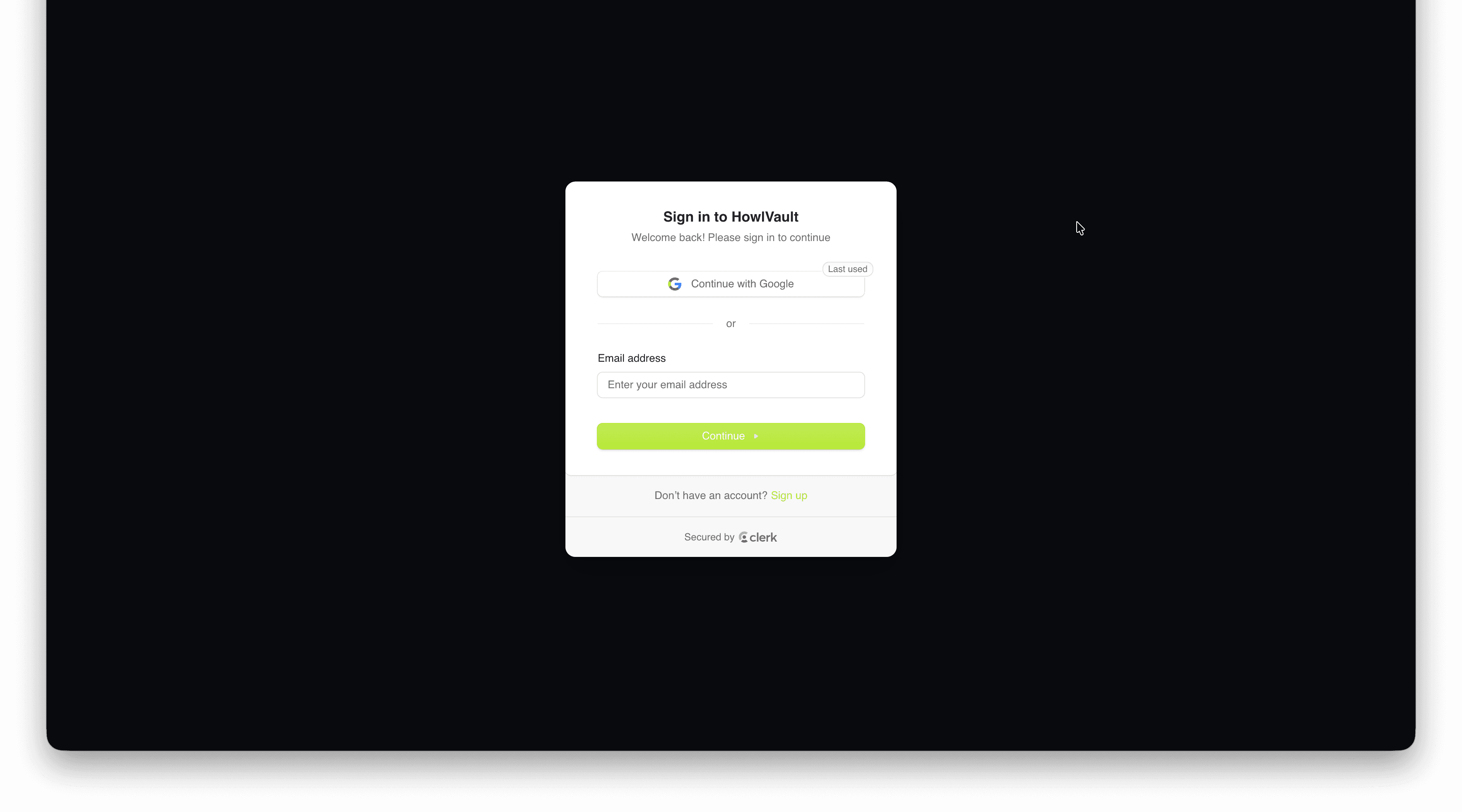 HowlVault sign-in screen on a laptop with a Continue with Google button and email field, for logging into the cloud backup.