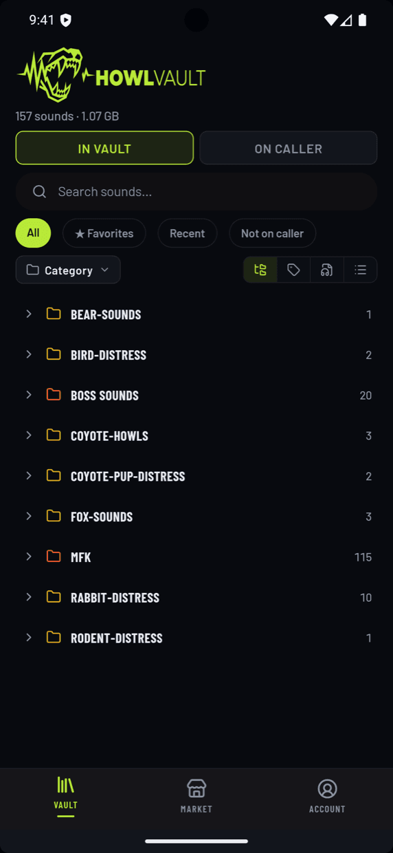 HowlVault mobile vault screen listing sound categories (bear sounds, bird distress, coyote howls, fox sounds) with a search bar and 157 sounds totalling 1.07 GB.